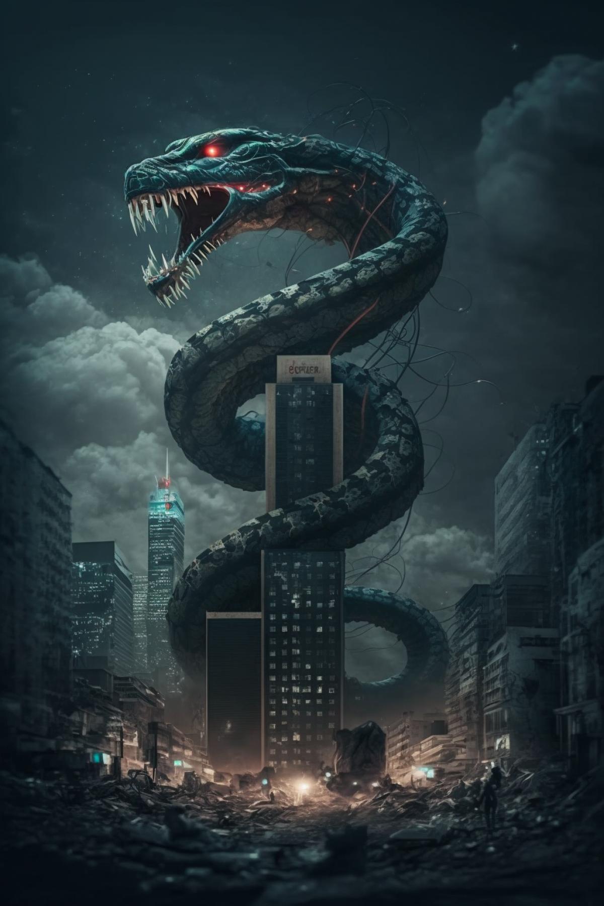 giant cobra, city attack, people everywhere, dark sky, destruction, sinister, 8k