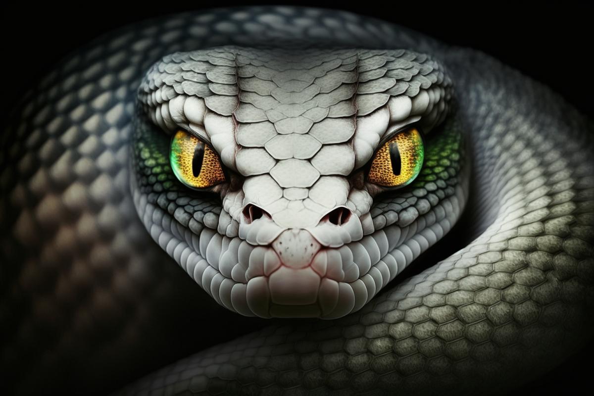 The face of a white snake. looking at the camera, in the dark green shining eyes, like stars, angry, roaring, half of the face in a dark shadow