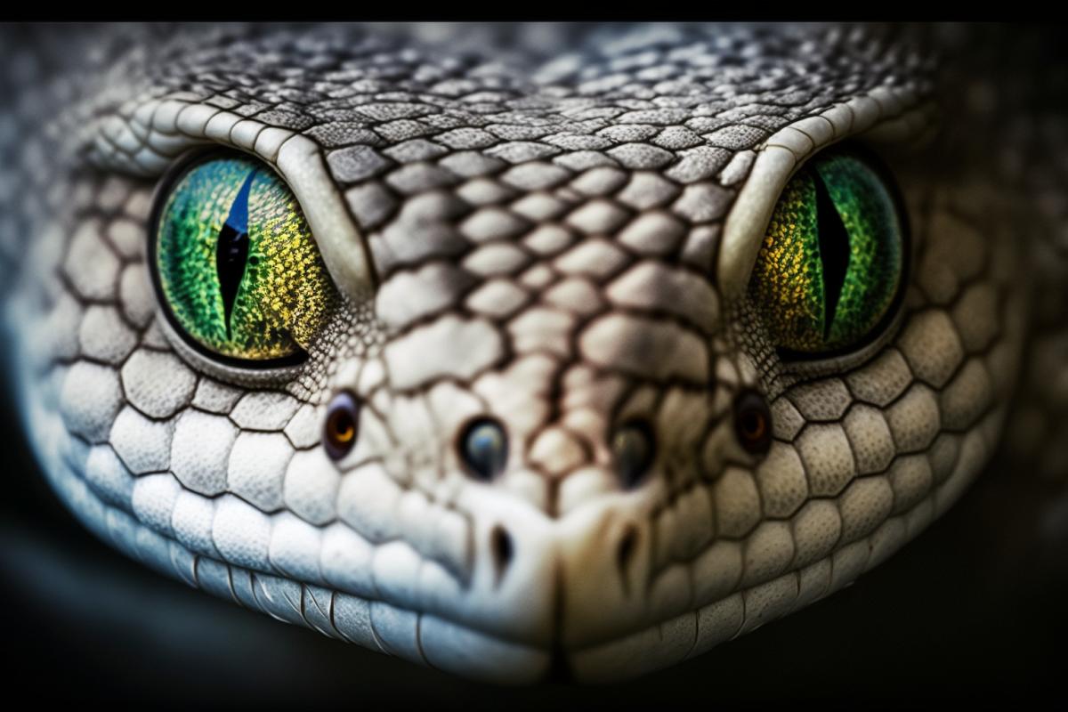 The face of a white snake. looking at the camera, in the dark green shining eyes, like stars, angry, roaring, half of the face in a dark shadow