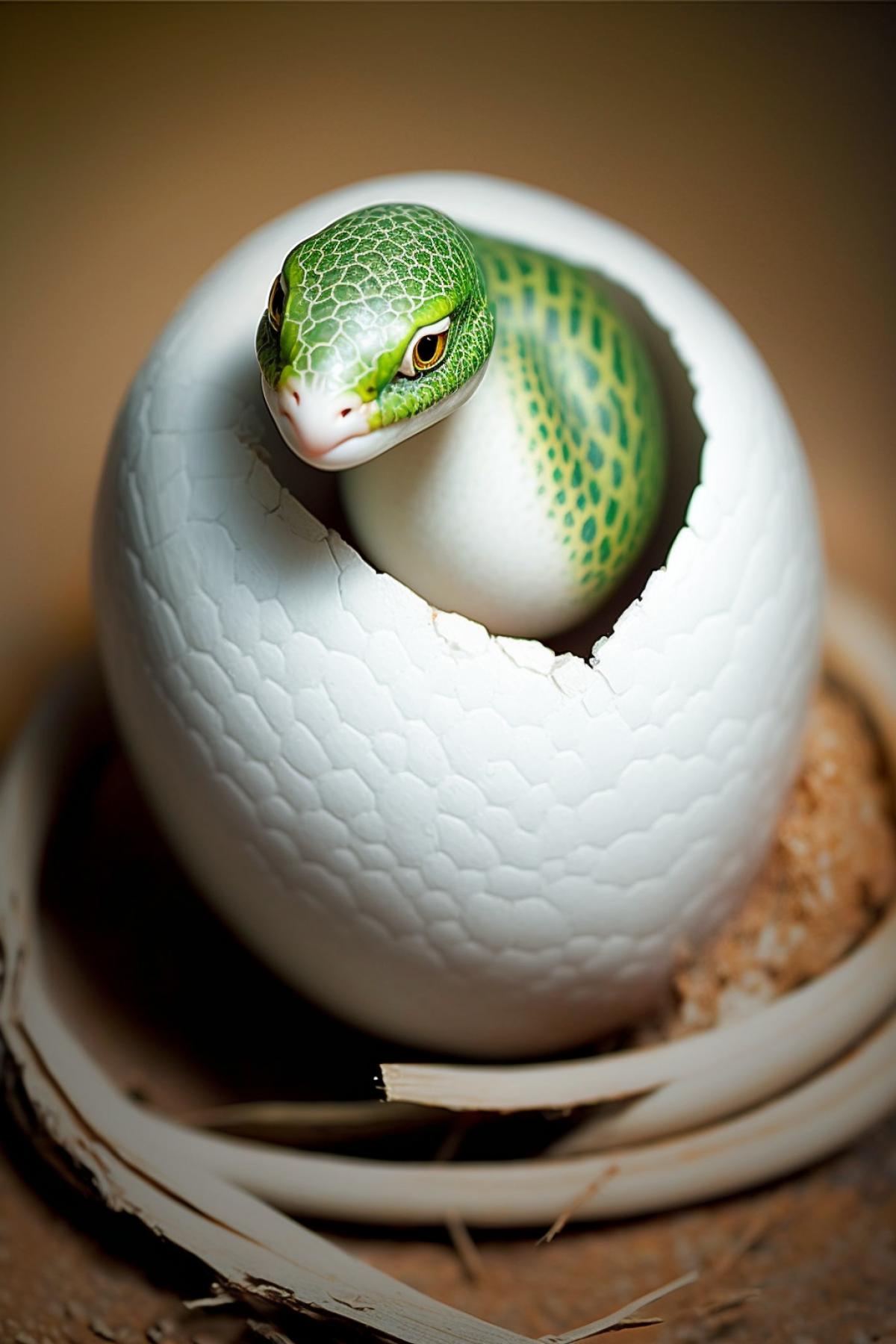 small green snake in a white eggshell