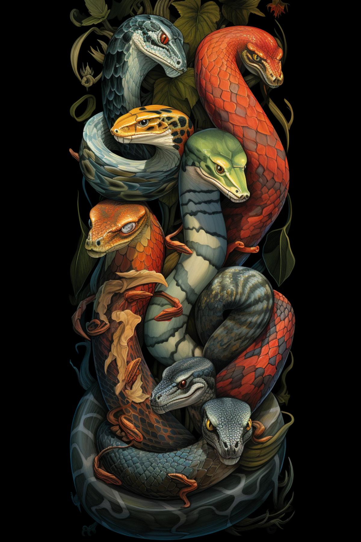 multi-split screen of all species of snake::2 well defined, accurate snake forms ::2 extreme beauty, harmonious design, variety of 4ks, variety of recognizable snakes::1.6 maximalist poster design by Ernst Haeckel and kim jung gi and moebius::2.5 vibrant saturated watercolor pencil in dark, white, pinks, oranges, blues, teal, pistacchio, and liquid gold highlights::1.8 vignette::-.7