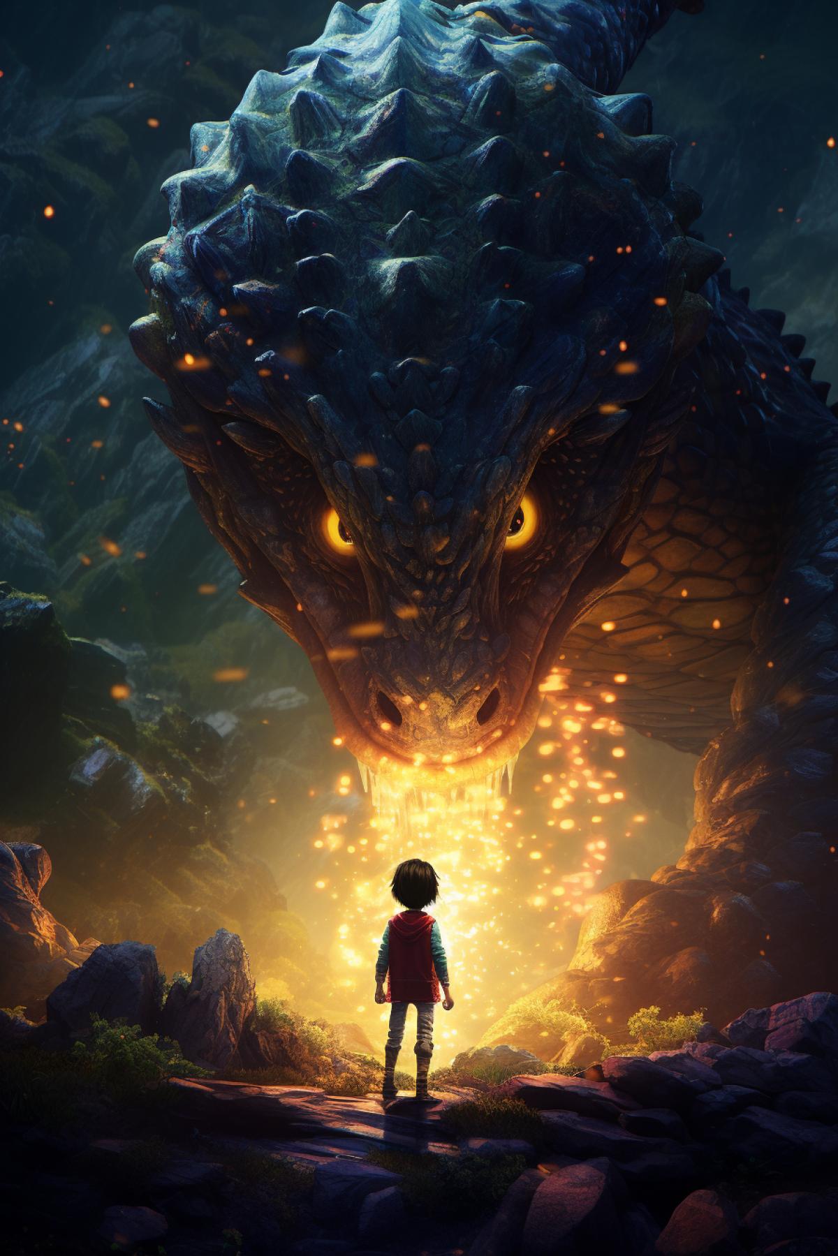 awesome epic powerful intimidating awe-inspiring breathtaking formidable imposing mindblowing unbelievable sequins snake monster giving gift to tiny human, cute, heartwarming, adorable, by Final Fantasy x Legend of Zelda x monster hunter x world of warcraft x Darksouls, open world RPG game, amazing graphics, 8k