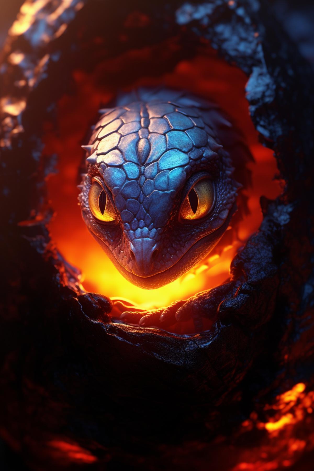 Baby vantadark snake poking its head out of an iridescent dragon egg, lava background, molten surroundings, cinematic, rimlighting, photorealism