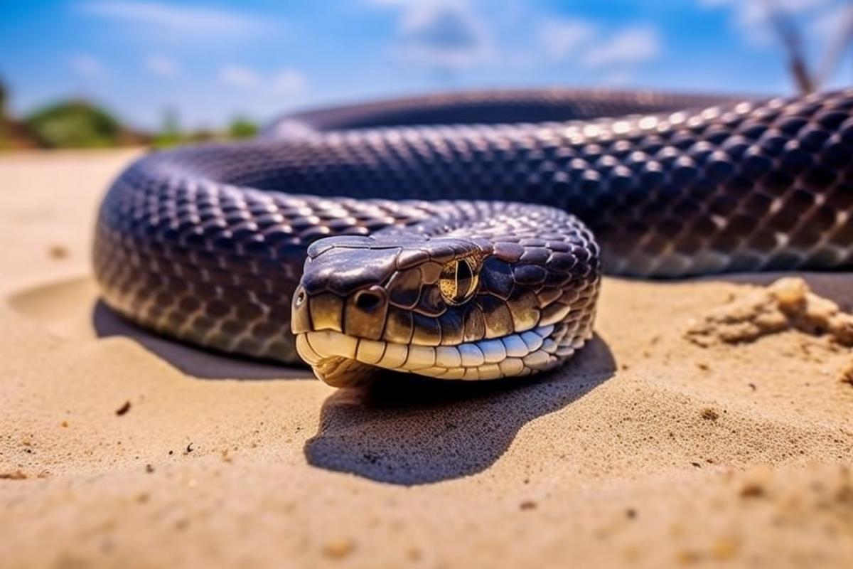 The picture shows a very beautiful dark realistic snake. She lies on the sand, her eyes sparkle with bright light, and her scales shimmer in the sun. The snake seems very graceful and self-confident, as if she knows that her beauty and strength will not leave anyone indifferent