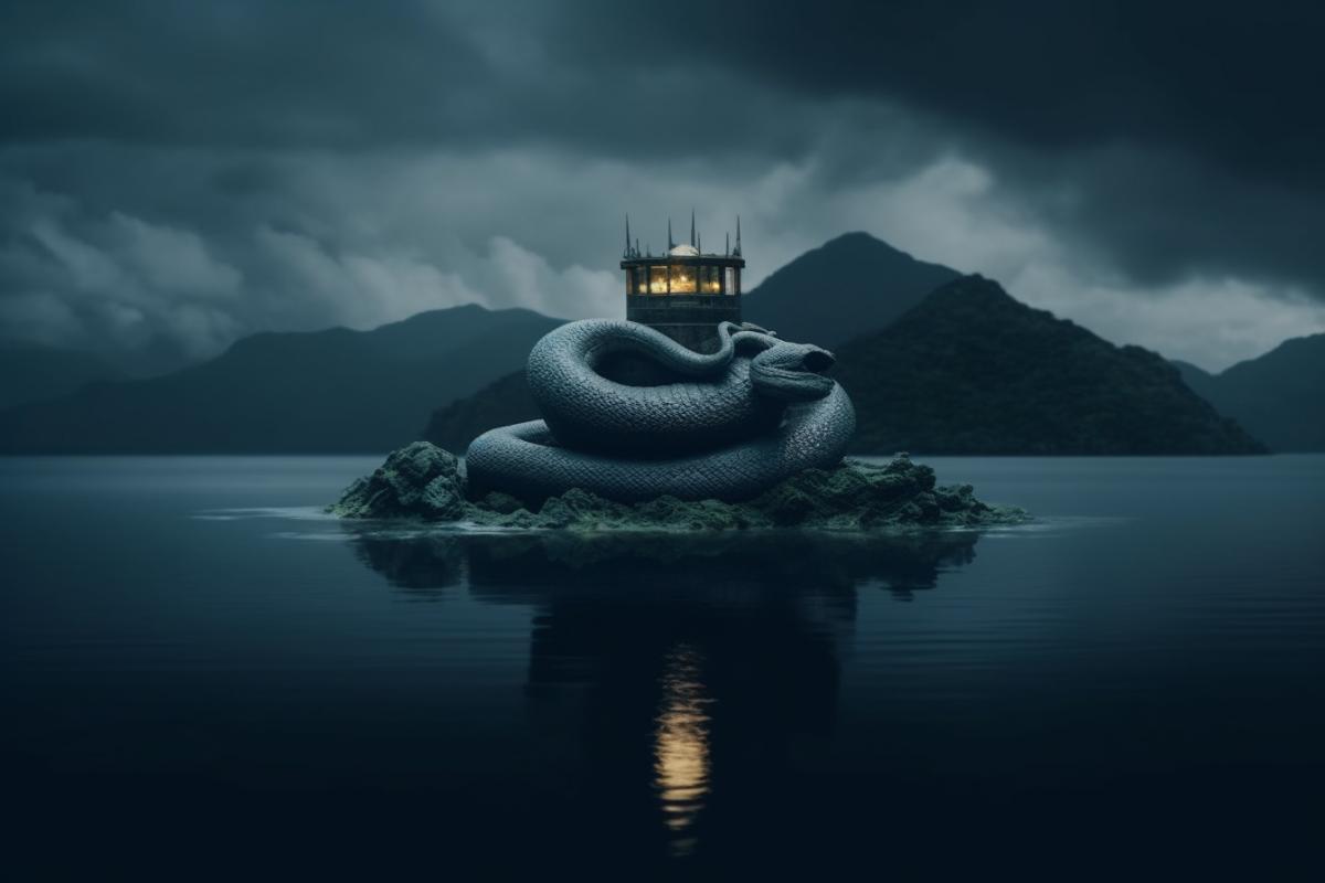 a snake standing on top of a body of water next to a snake, a detailed matte painting, ominous beautiful mood, nagas, low-light, photo taken in 2 0 2 0