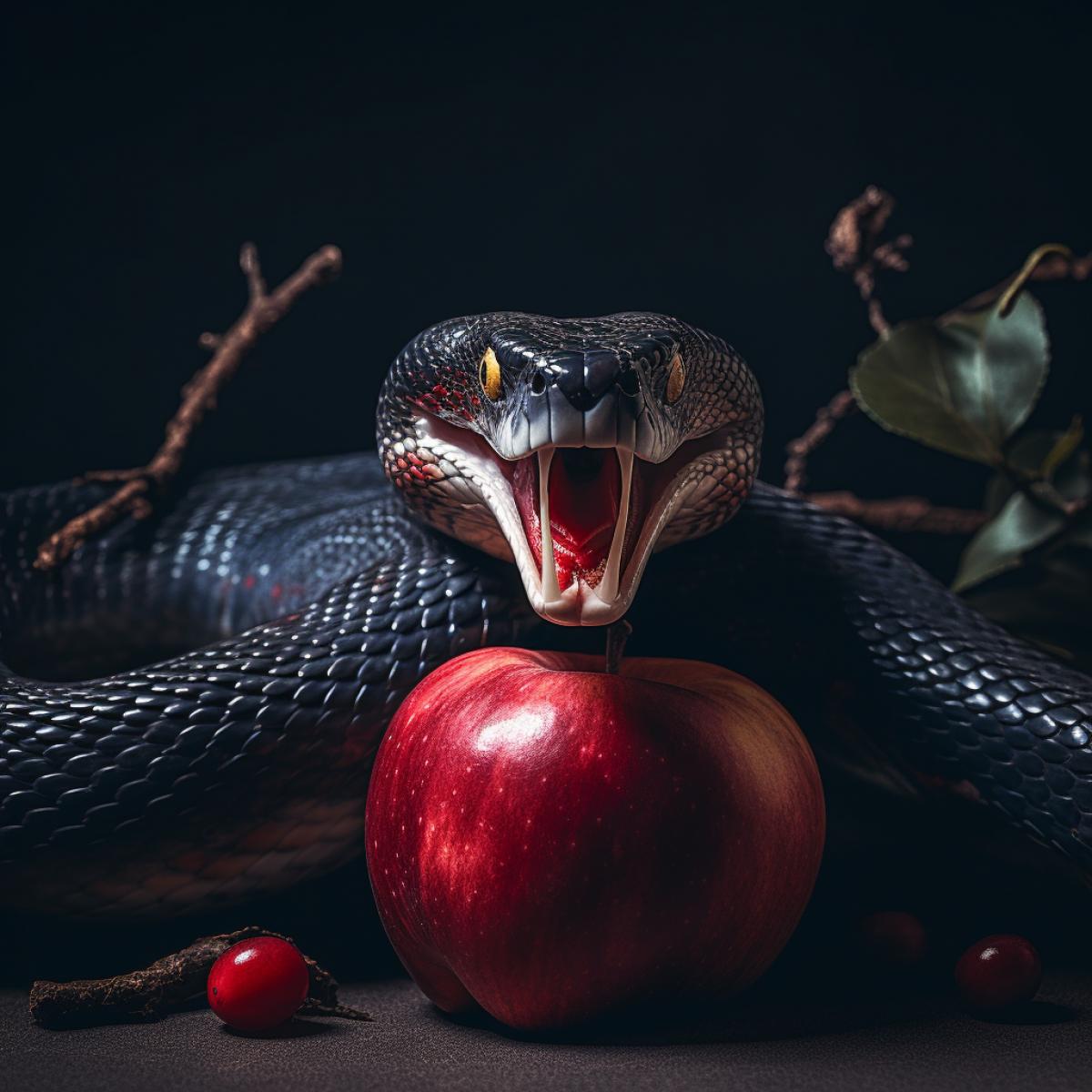 a snake with shining eyes bites a red apple magazine photography style