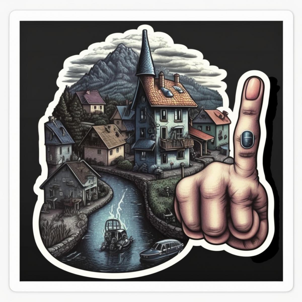 The finger floats on the village sticker