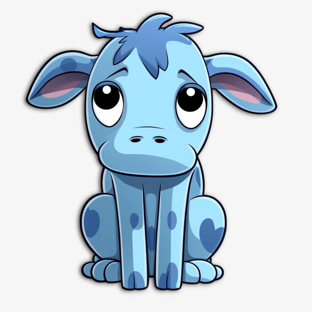 a depressed cartoon blue cow, humorous, funny, sticker