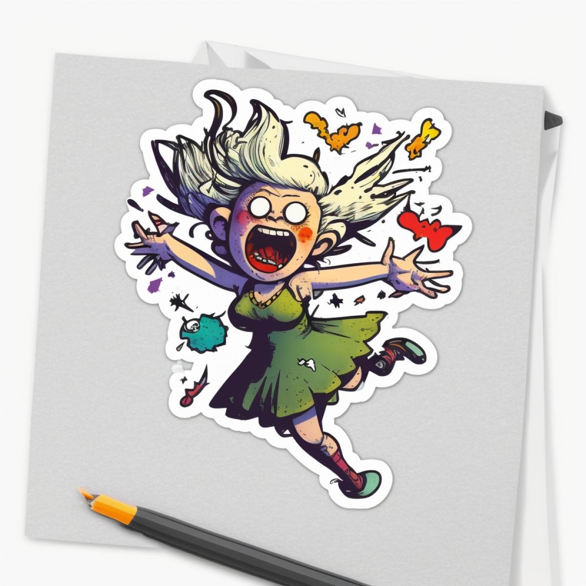 Funny crazy fairy, white background, sticker