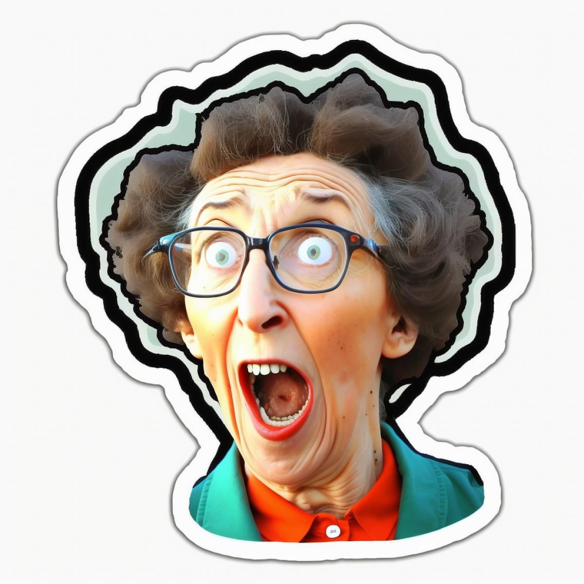 Funny crazy intellectual woman, white background, sticker