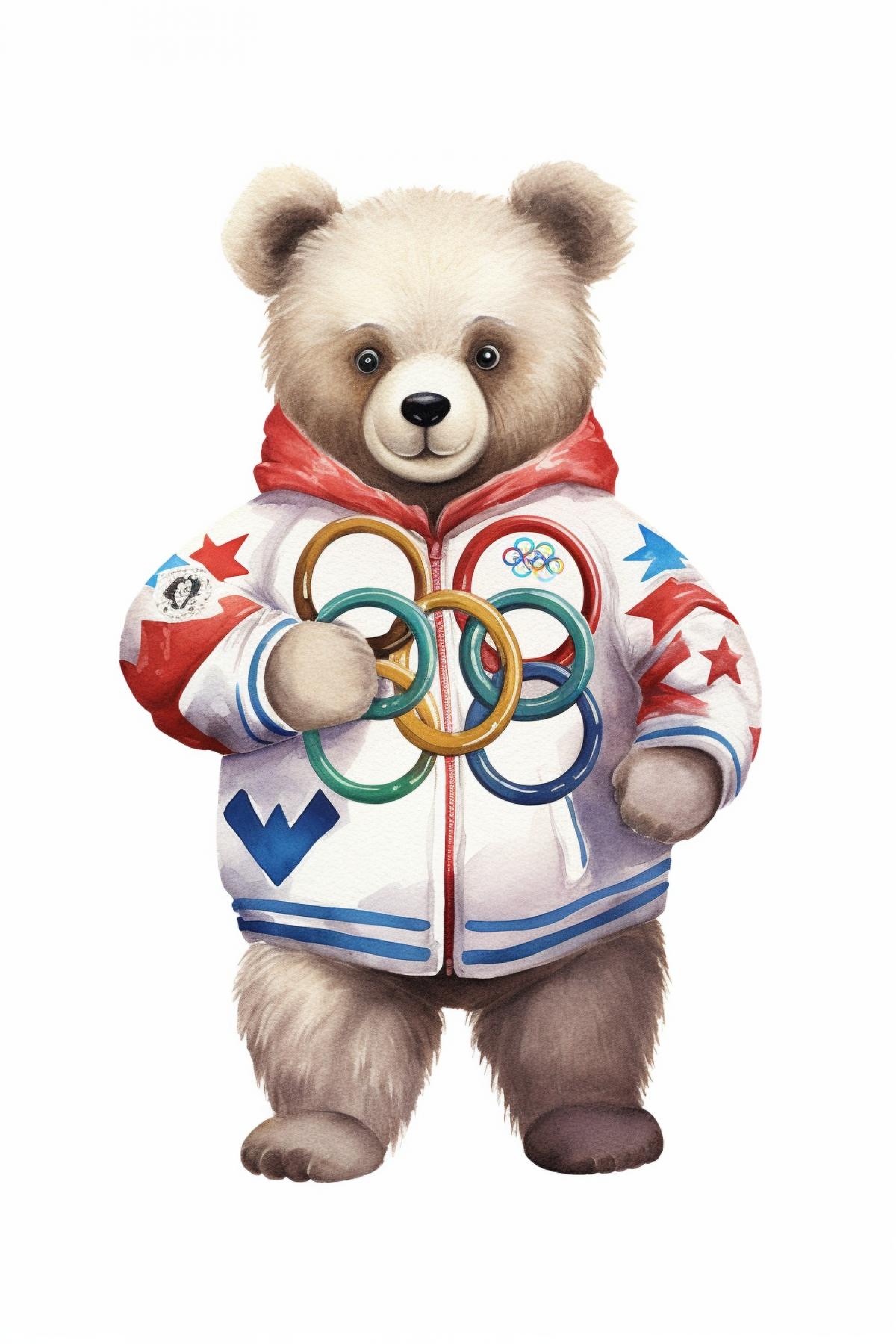 Russian Olympic bear with Olympic rings, white background, sticker