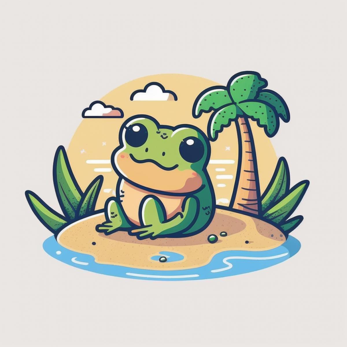 flat logo, funny frog, beach aesthetics, in the style of simplistic kawaii, bold outlines