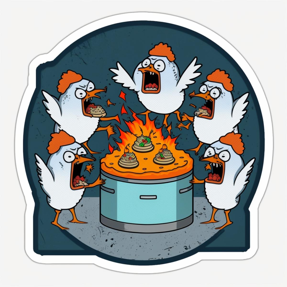 Crazy ridiculous chickens are cooking a cake, sticker