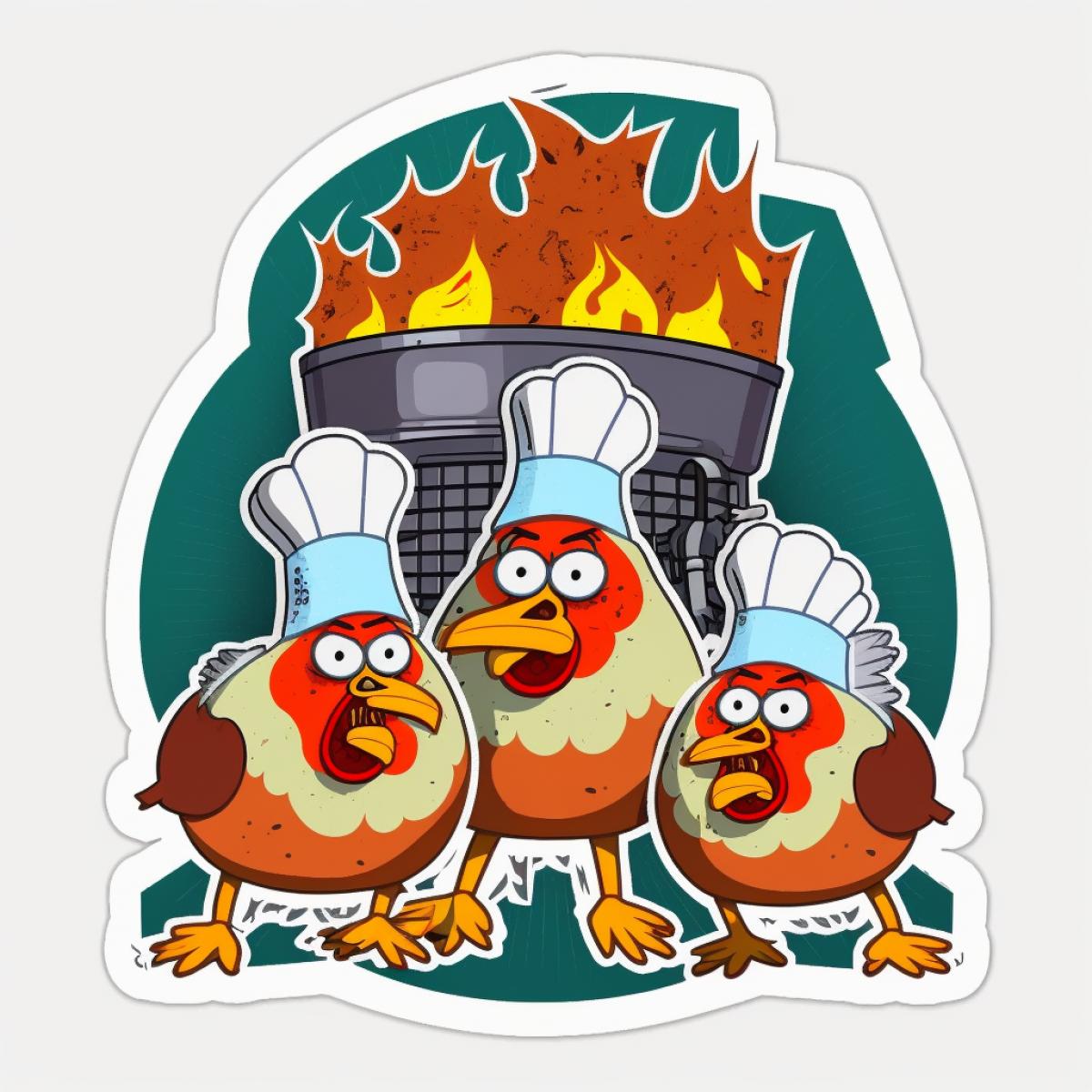 Crazy ridiculous chickens are cooking a cake, sticker