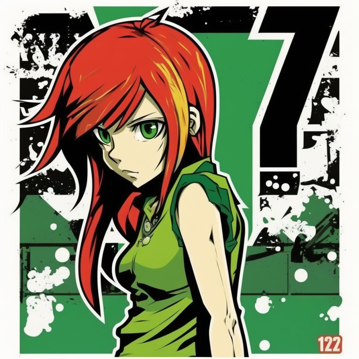 Sticker redhead anime woman 20 years old, graffiti style, green frame