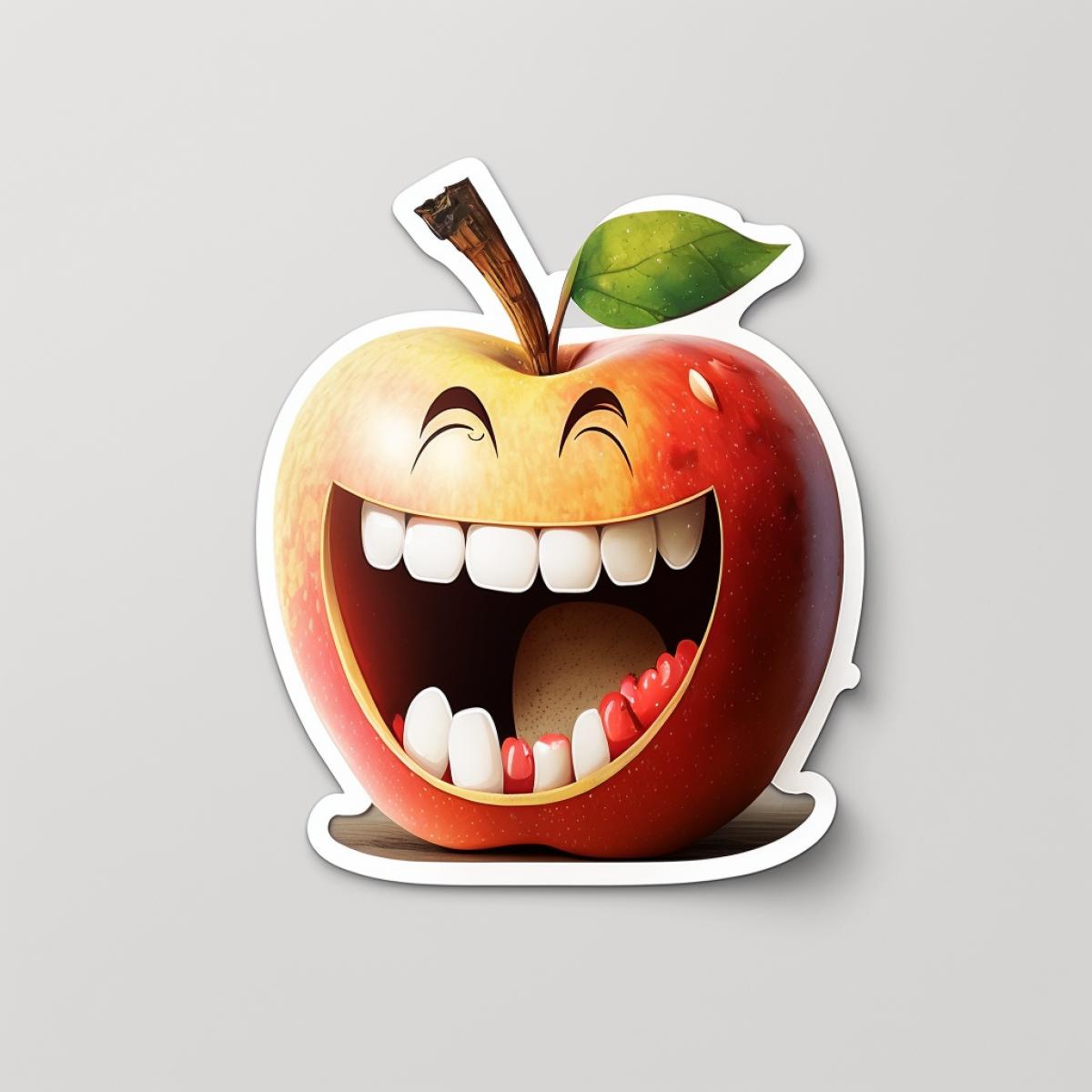 laughing apple with white teeth, white background, sticker