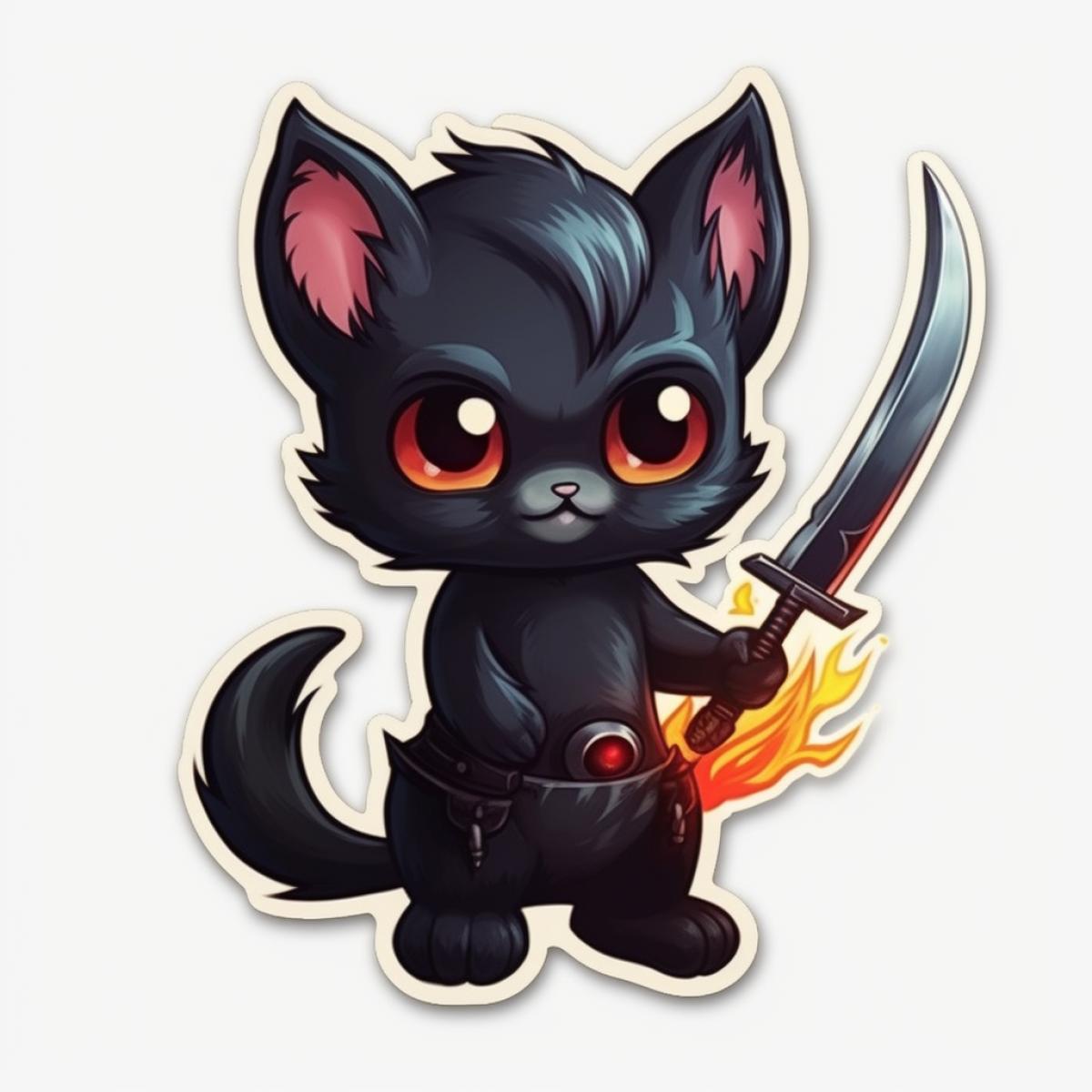 Cute dark kitten with a knife, fire on the background, white background, sticky