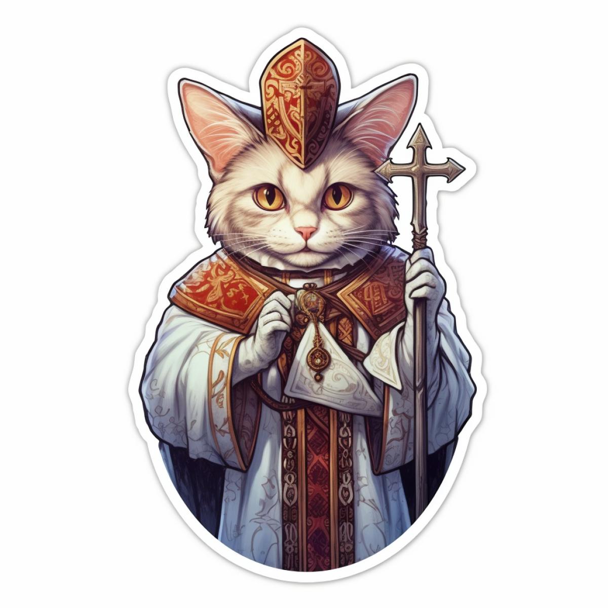Cat priest with a large cross, white background, sticker