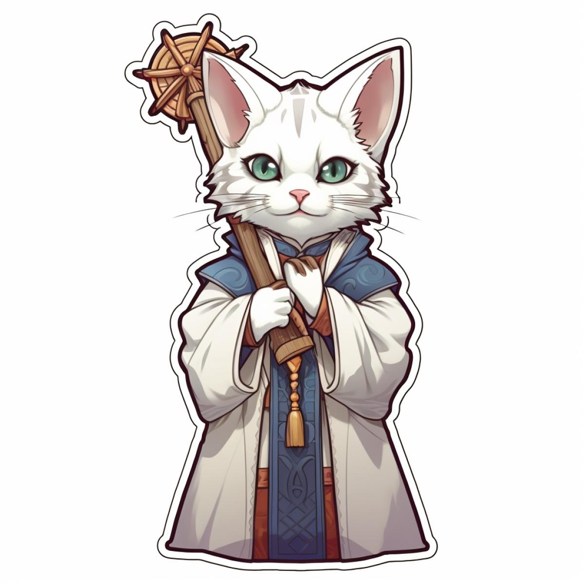 Cat priest with a large cross, white background, sticker