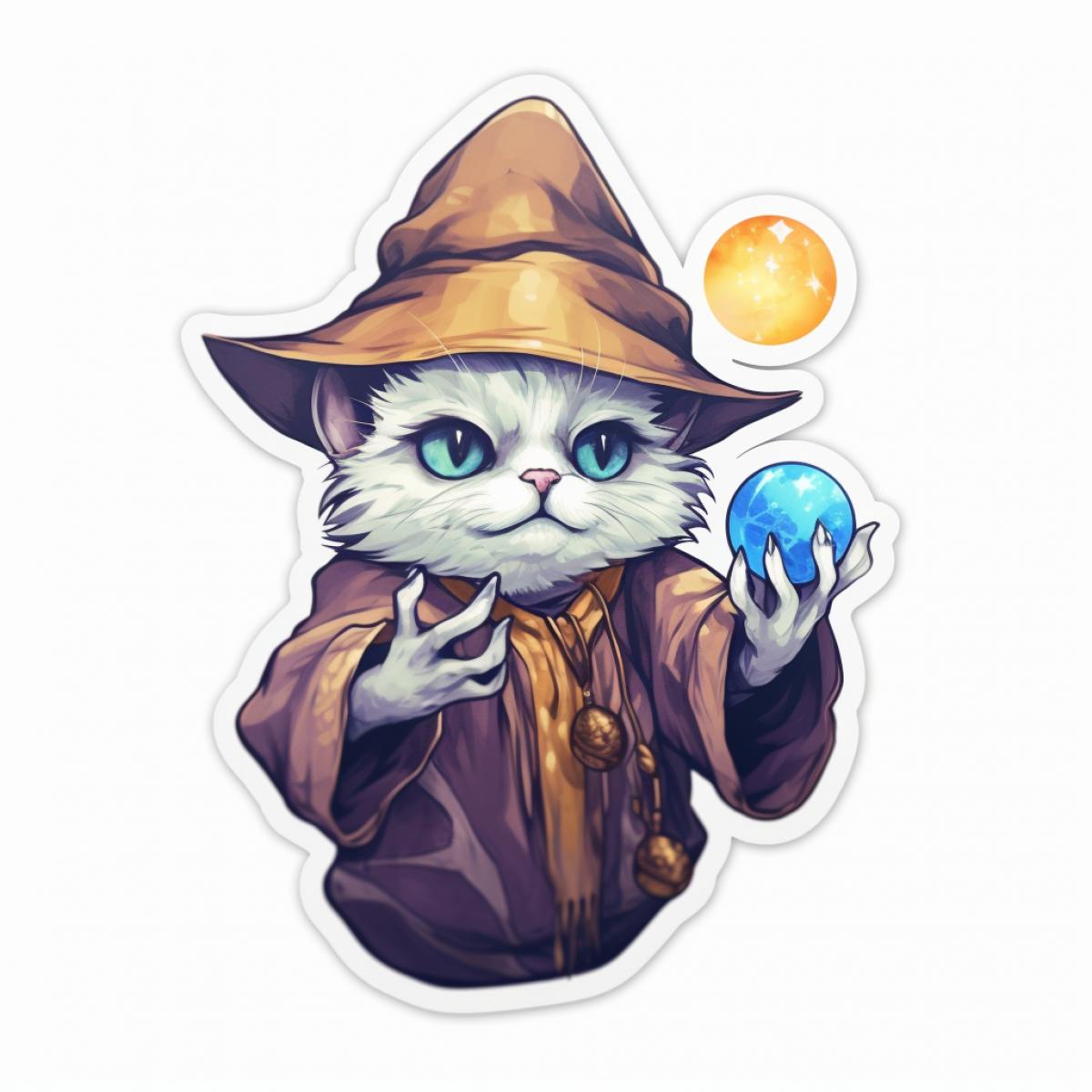 Sorcerer cat with energy ball, white background, sticker