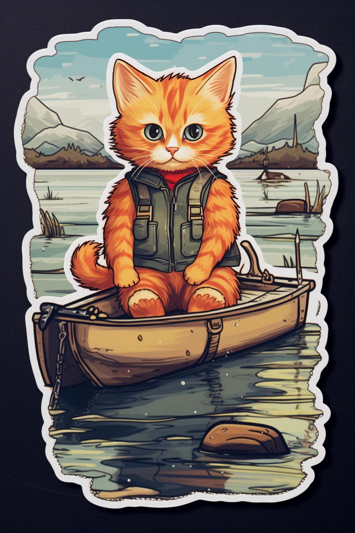 A red-haired little cat sits on the shore and catches fish, but the place of the fish is in his boot, the cat himself is sad, this is a sticker