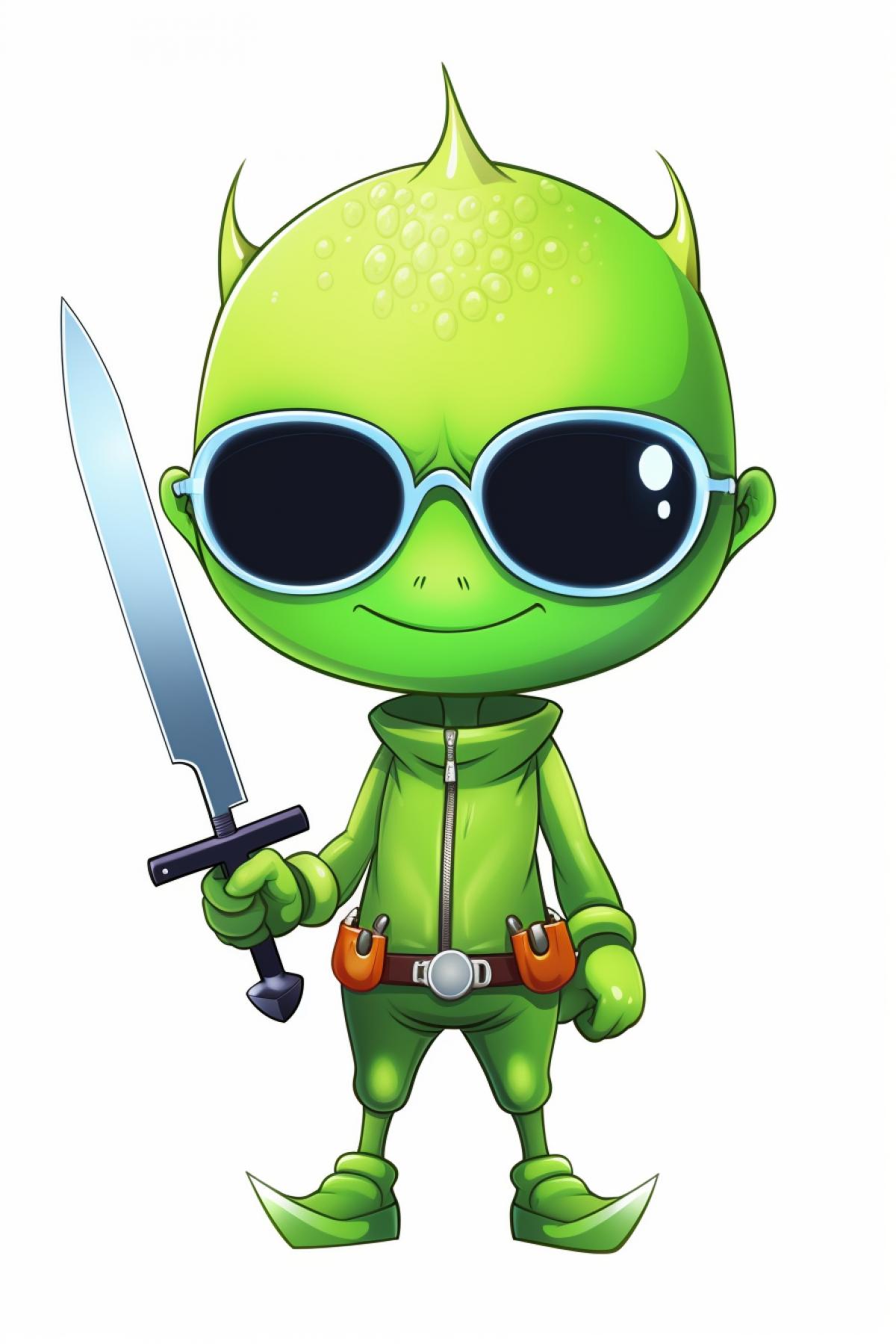 Cartoon kawaii green alien, holding a knife, smiling, wearing sunglasses, sticker, white background