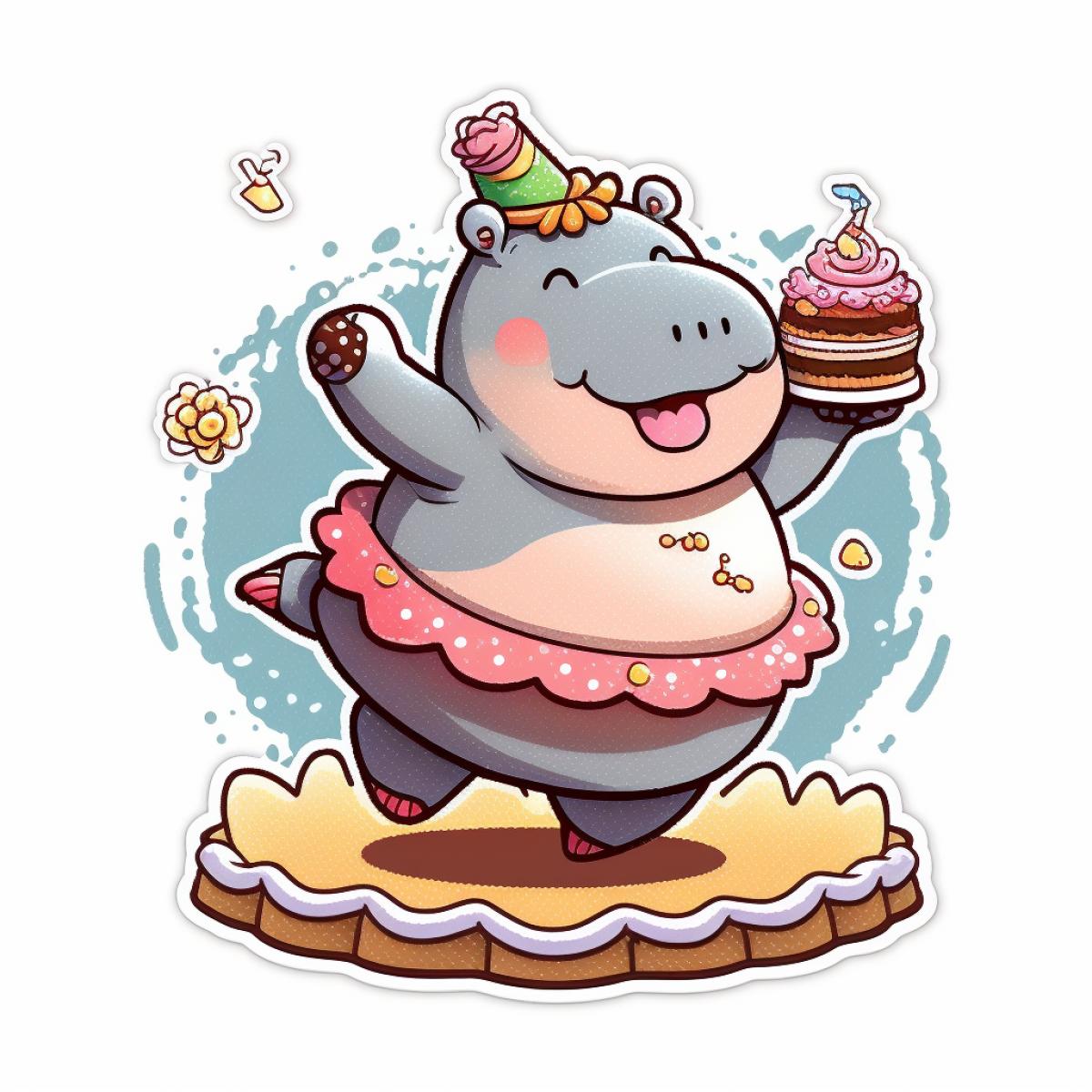 A cute little hippopotamus in a tutu is dancing with a cake. Telegram sticker