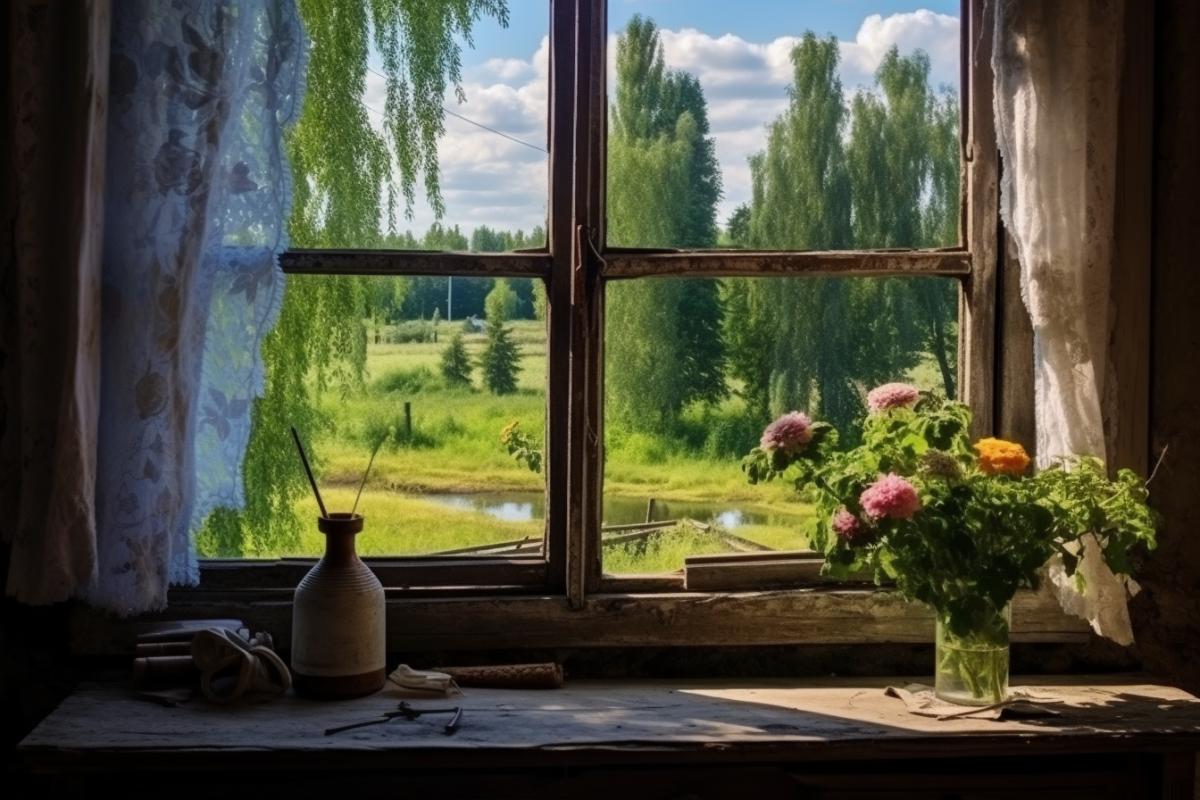 View from the window in the Russian village in summer, beauty, wonderful rural landscape outside the window