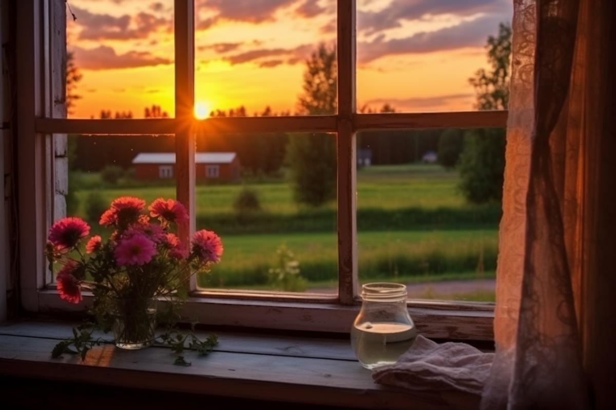 View from the window in the Russian village on a summer evening at sunset, beauty, a wonderful rural landscape outside the window