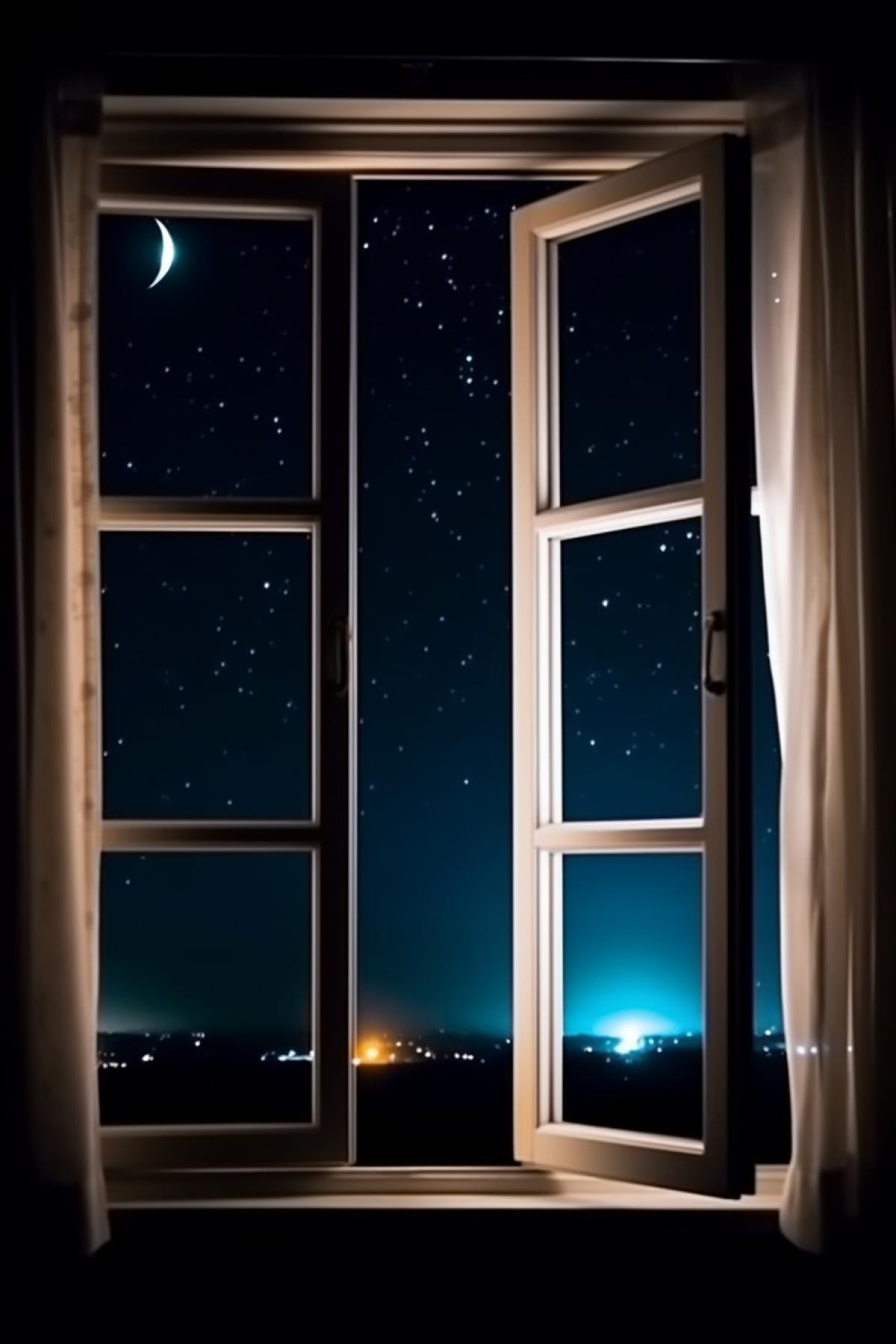 The moonlit night is visible from the window, wooden window.