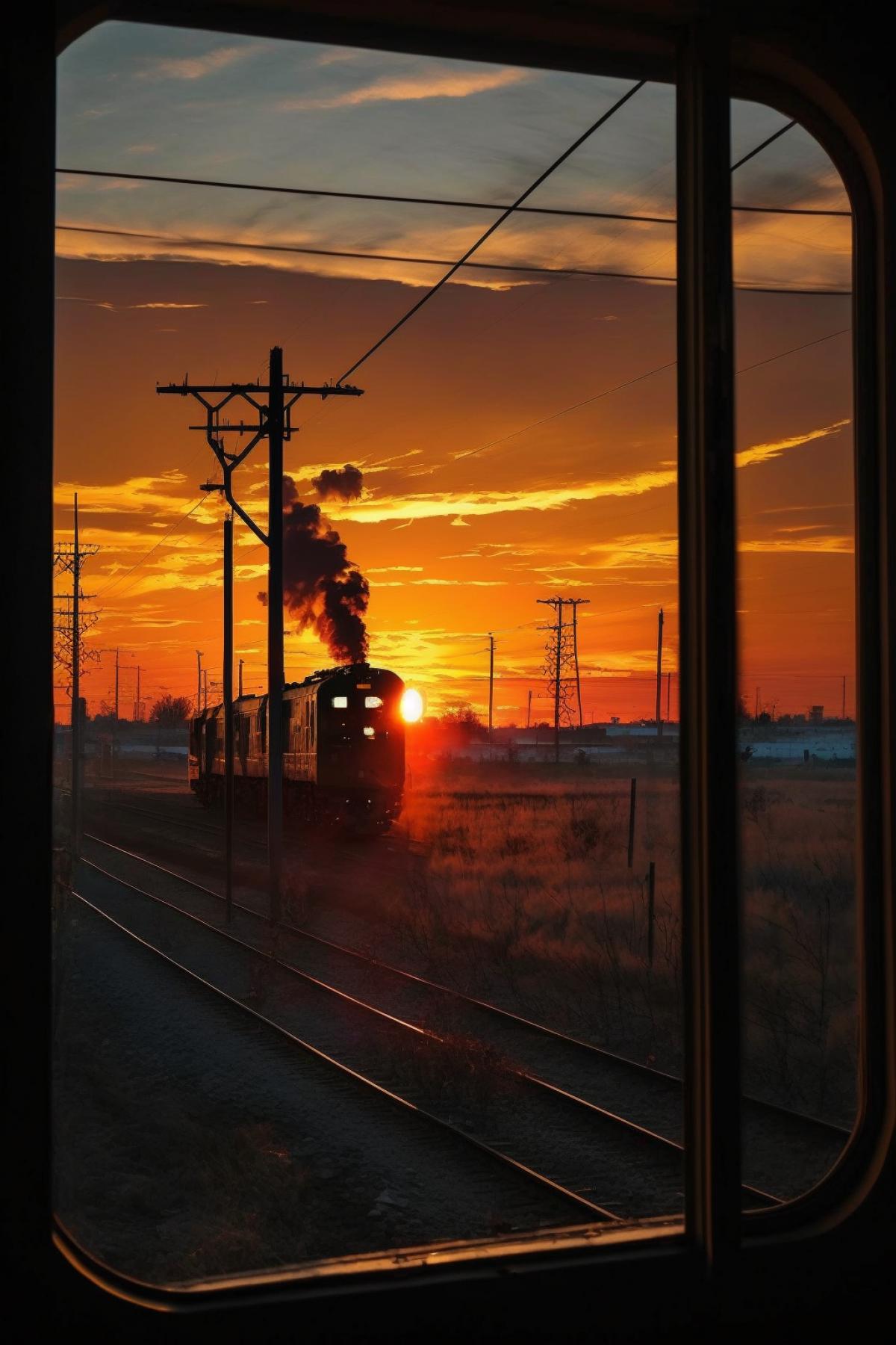 Sunset, railroad, freight train: view from apartment window