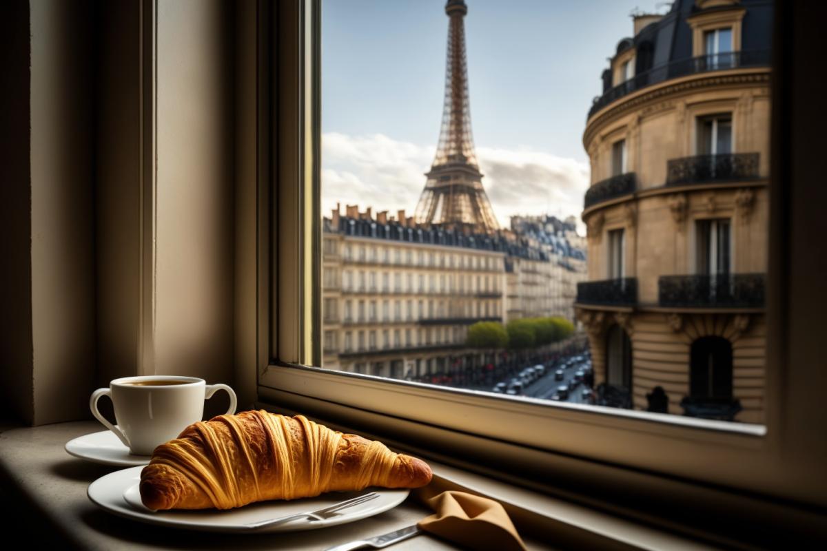 view of the Eiffel Tower from the hotel window, a cup of coffee and a croissant on the windowsill