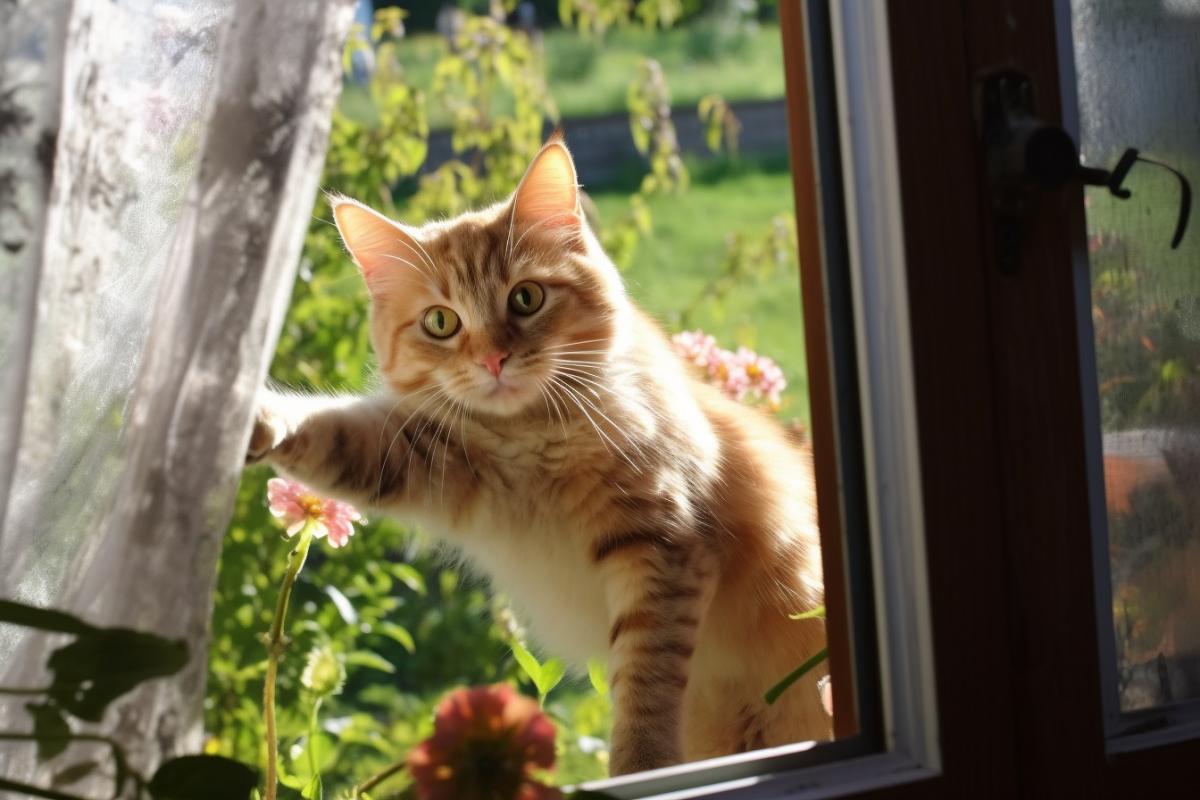 view from the window, a beautiful Russian village house, summer, the sun is outside, the cat behind the glasks to come into the house