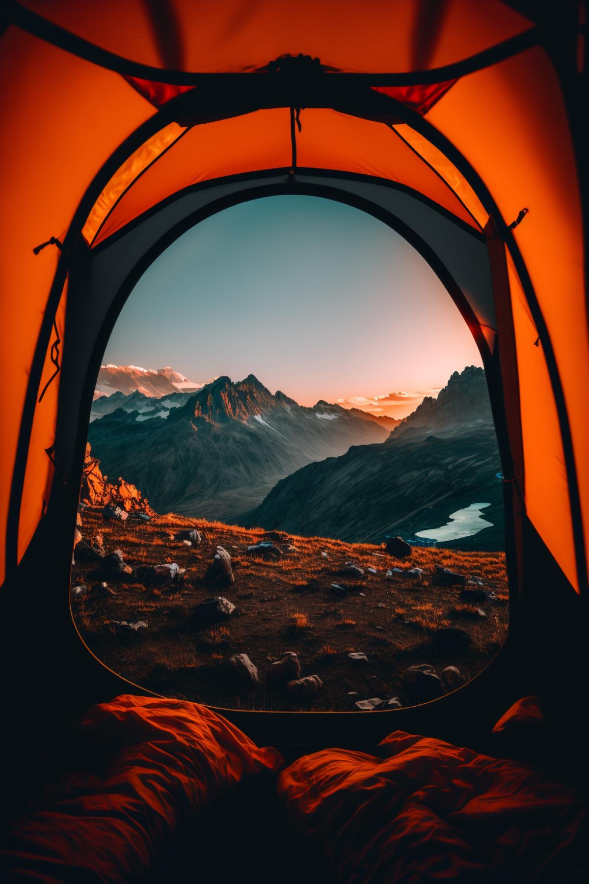 mountain view from inside the tent, beautiful view, landscape, professional photography, 8k