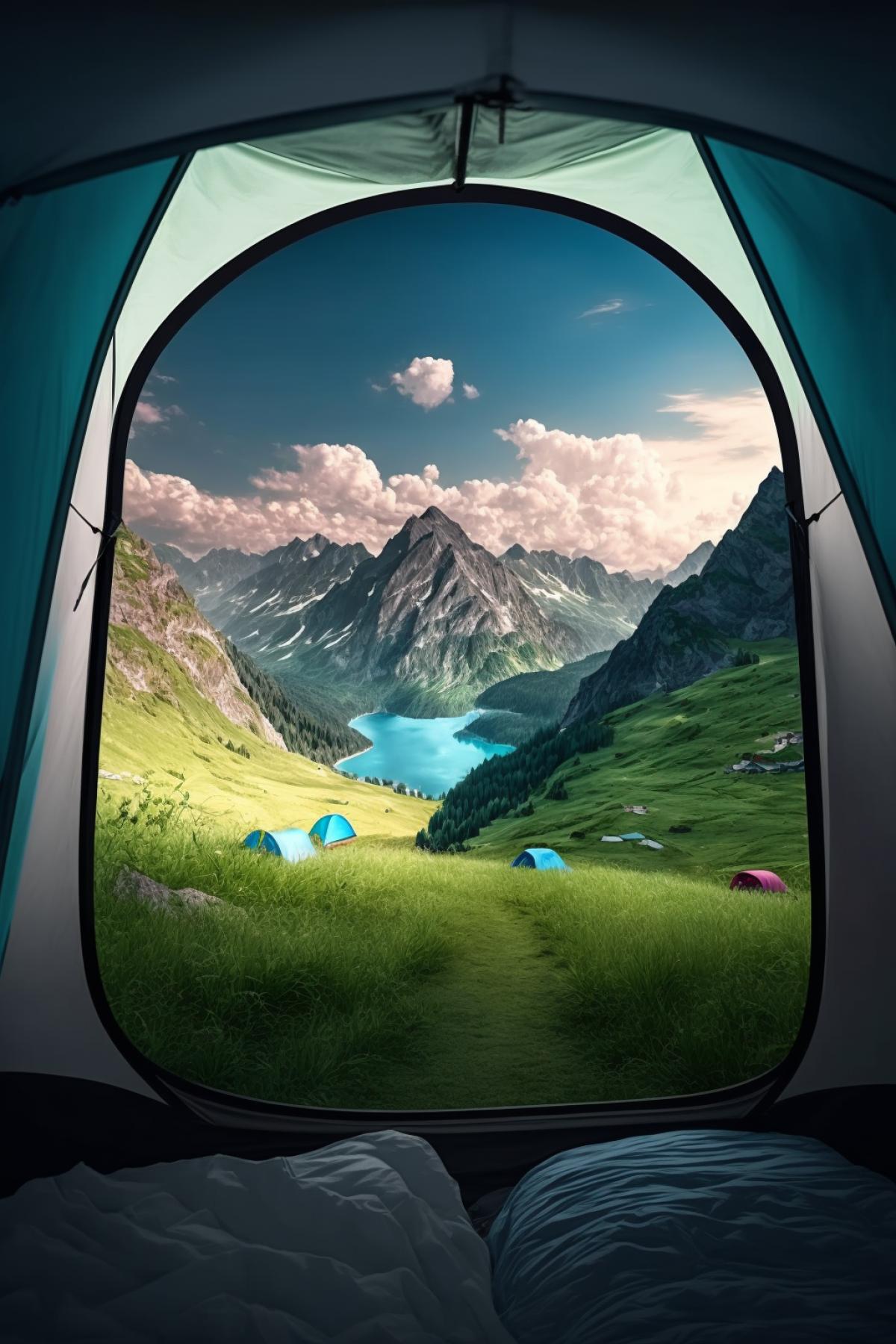 mountain view from inside the tent, beautiful view, landscape, professional photography, 8k