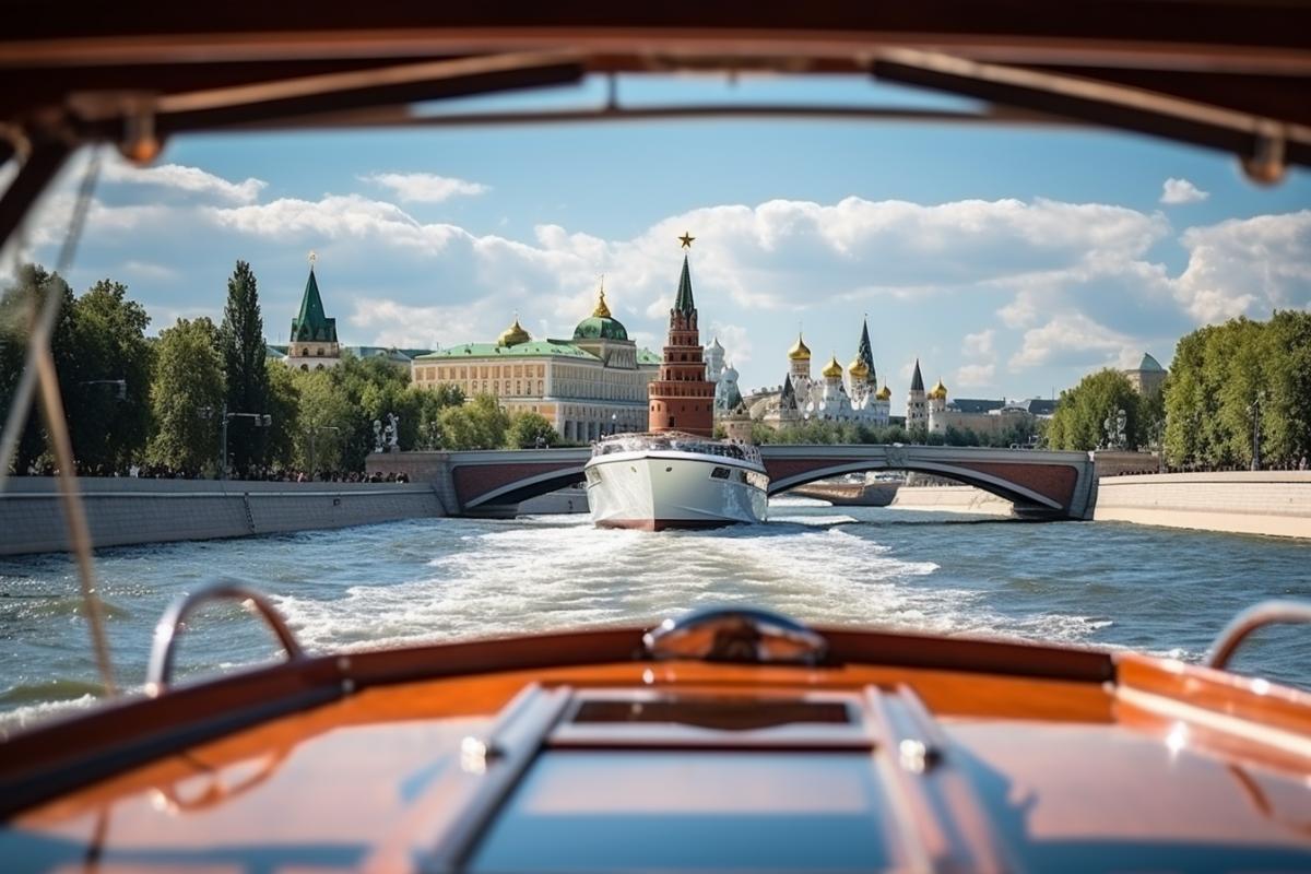 view of the Moscow Kremlin and the embankment from the window of a enjoyment boat