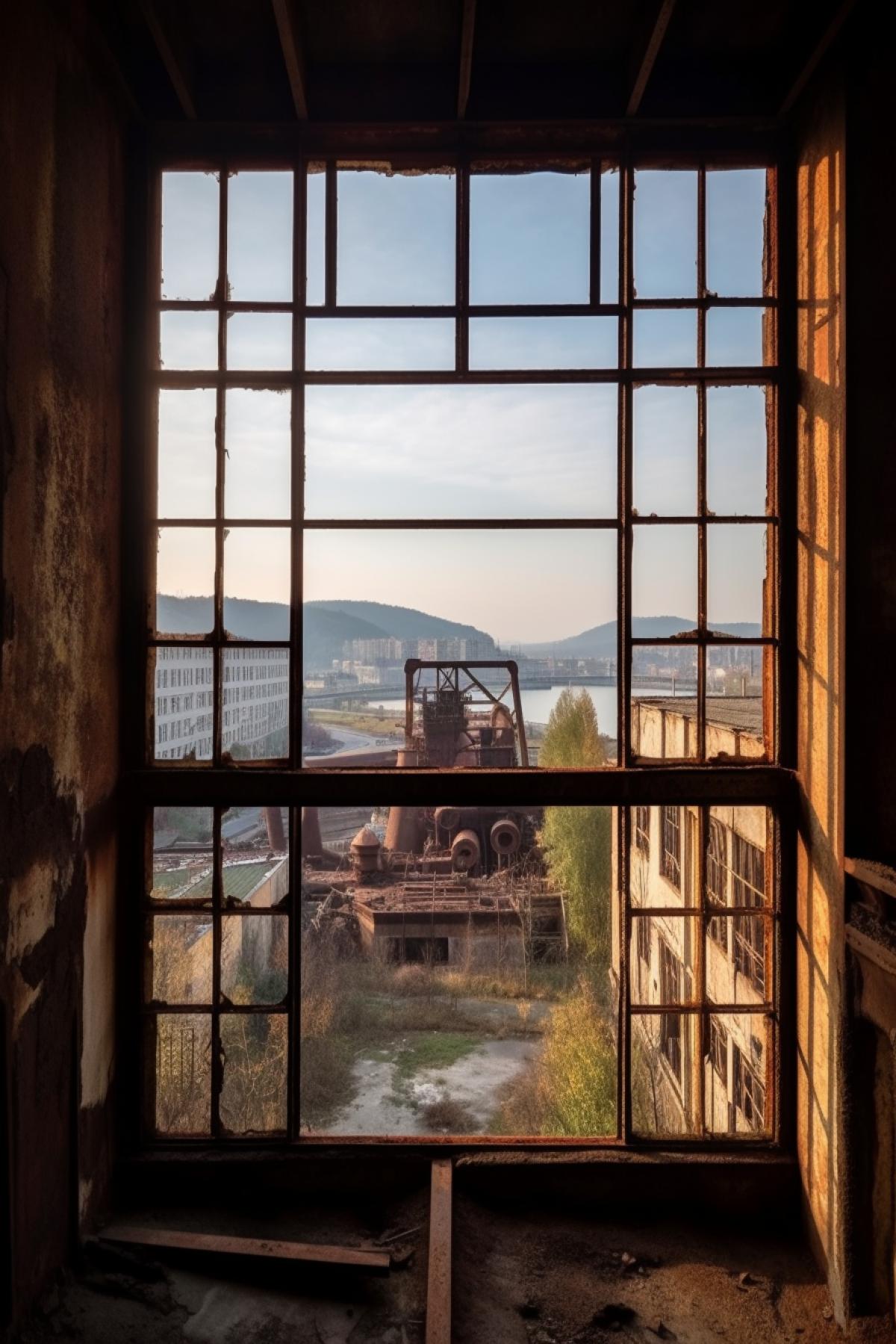 View from the window on the industrial city and mountains of ore