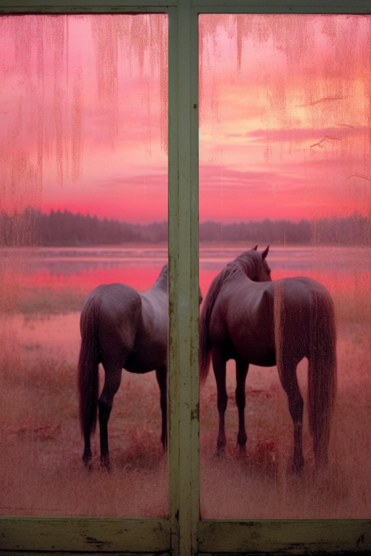 View from the window on the lawn with pink ponies at sunset