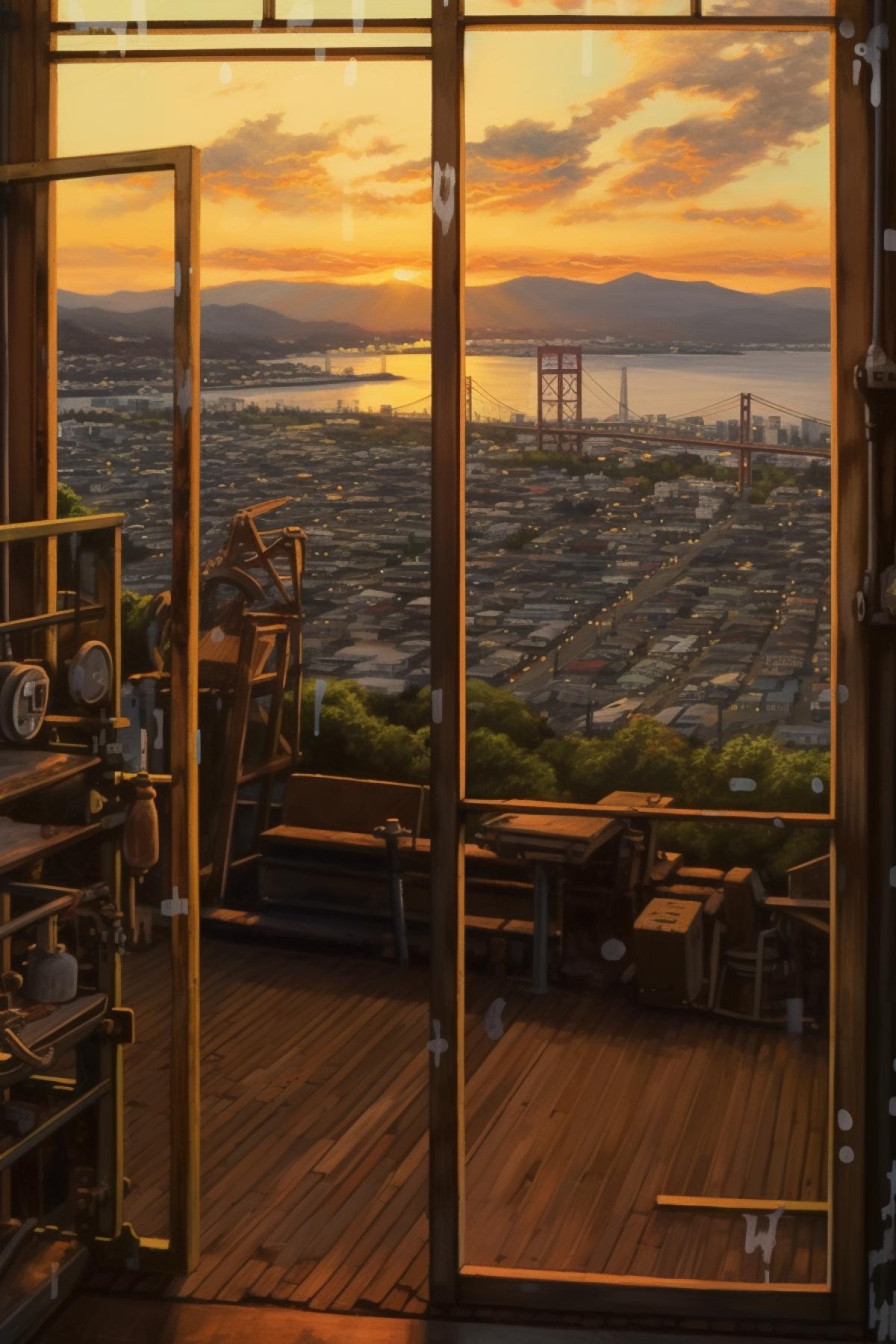 View from the window on the industrial city and mountains of ore, evening sun