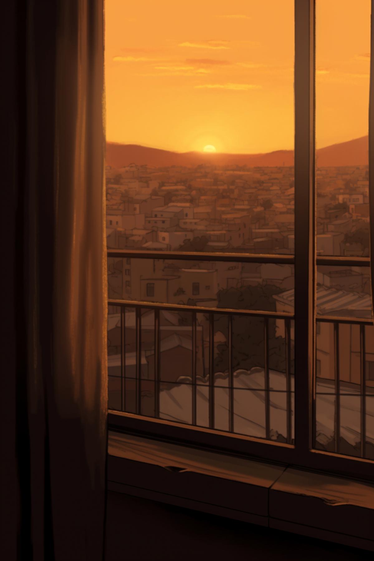 View from the window on the industrial city and mountains of ore, evening sun