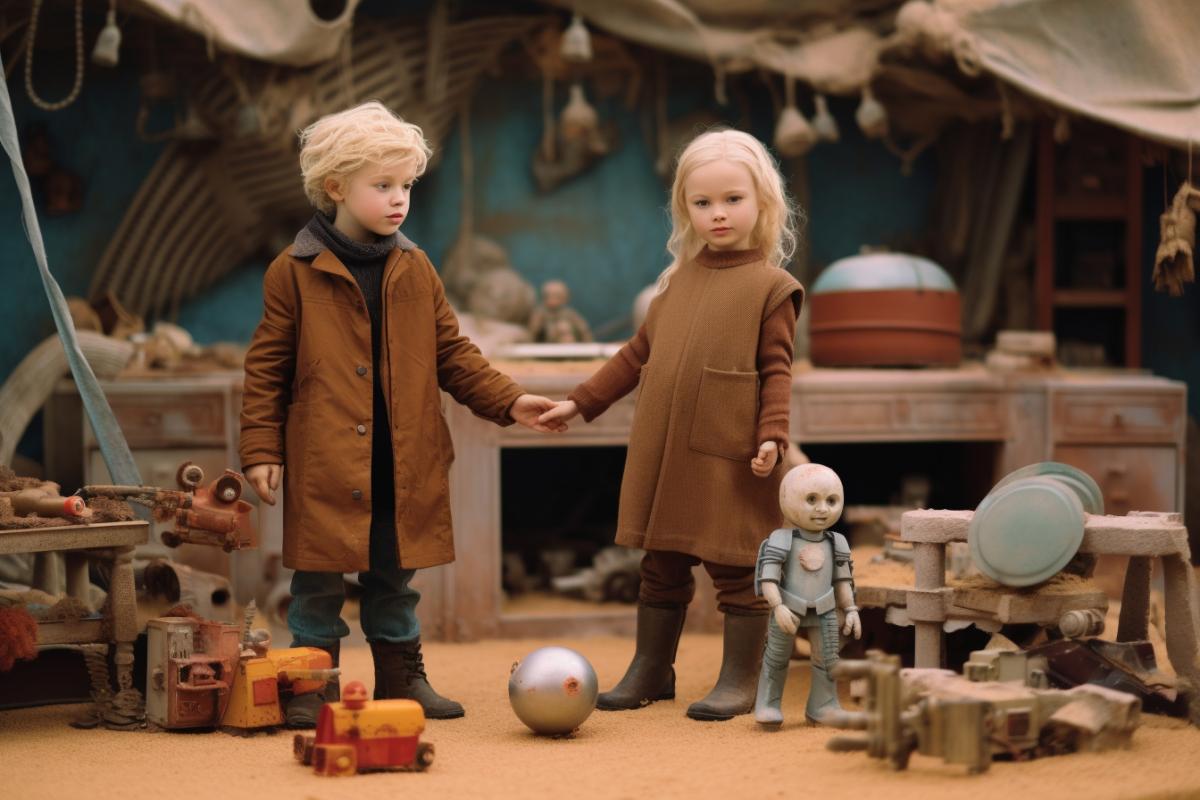Children playing with toys in fallout style wasteland
