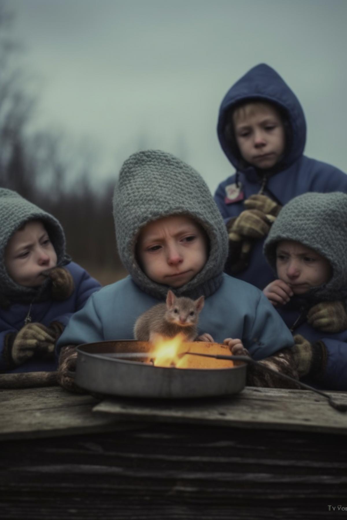 Children eat rats by the fire in a post-apocalyptic world
