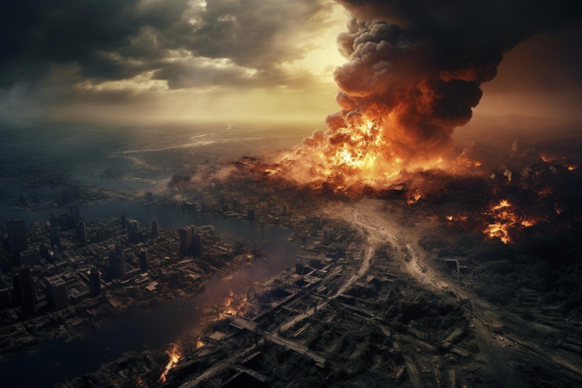 a shocking photo show a wide, aerial perspective of zombie apocalypse. The bright flashes of light and clouds of smoke and debris would be clearly visible, as would the scale of the destruction. professional photorealistic rendered cinematic still