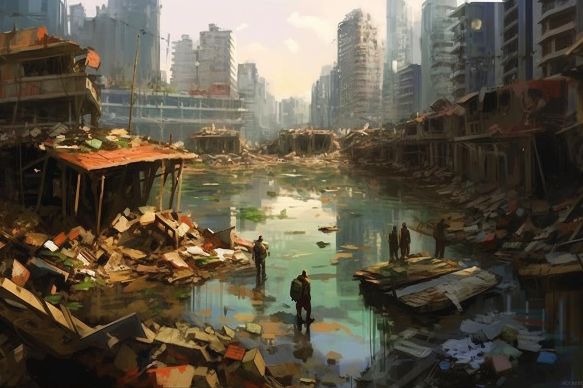 The whole world drowned. Post-apocalyptic flood. Cities under water.