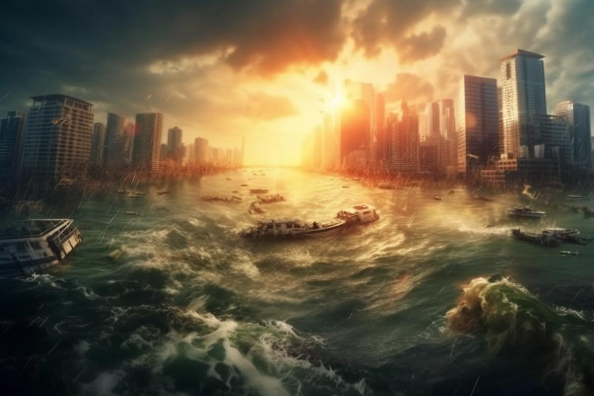 The whole world drowned. Post-apocalyptic flood. Cities under water.