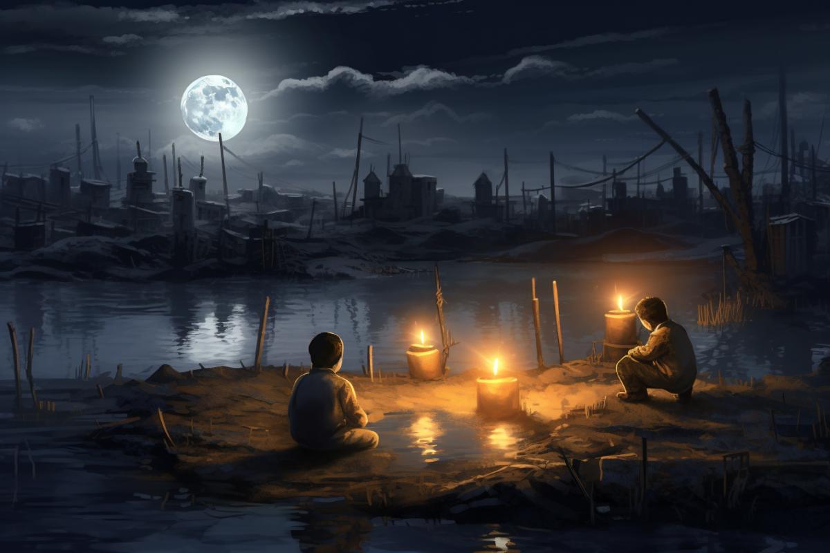Children make moonshine in the wasteland in a post-apocalyptic world
