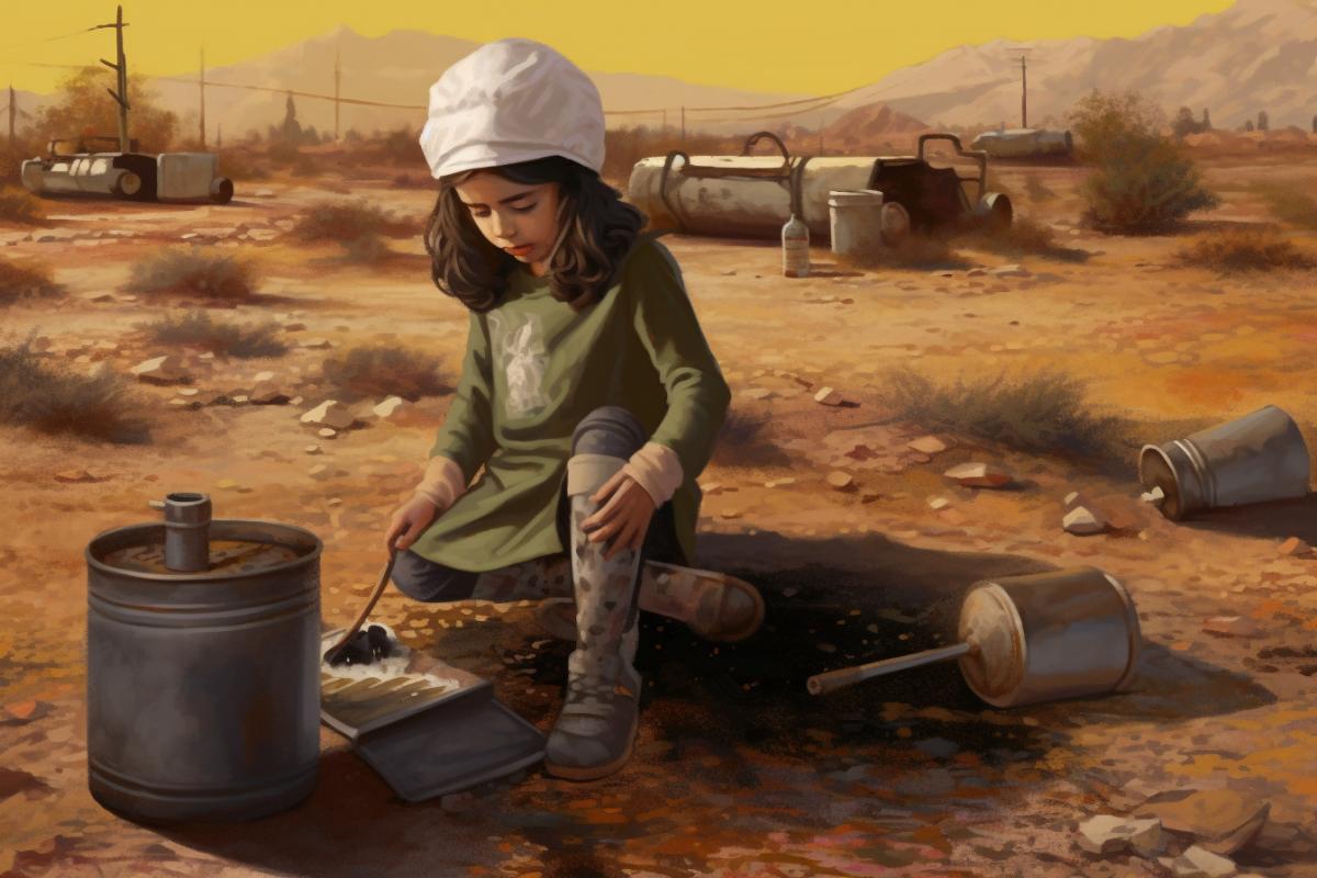 Children make moonshine in the wasteland in a post-apocalyptic world