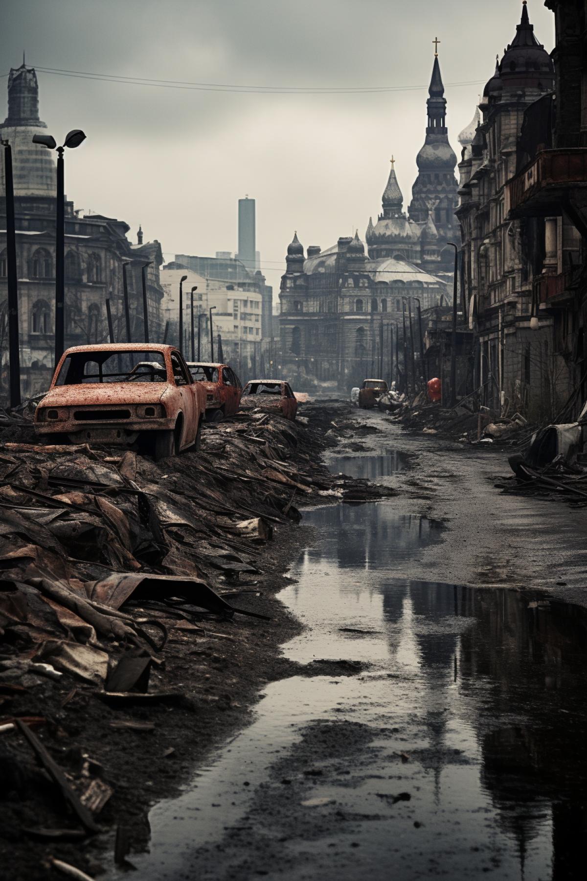Rusted Dystopian Moskow City, Smoggy Skyline, Deteriorating Bridges, Desolate Streets, Foreboding Clouds