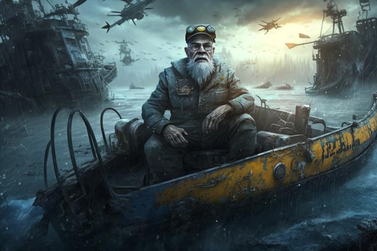 Grandfather on a boat in the post-apocalyptic ocean in fallout style
