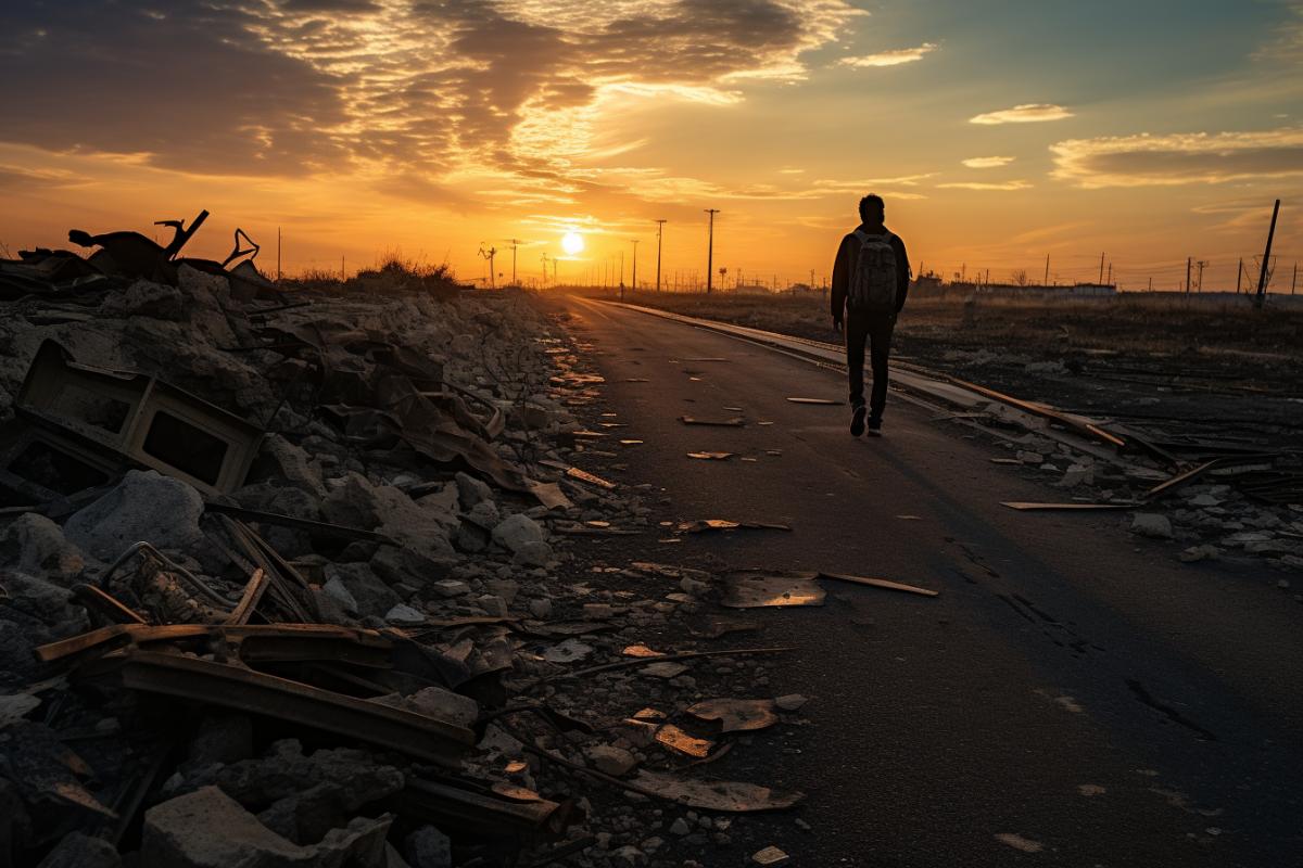 A lone figure walking along a cracked highway, surrounded by the ruins of civilization. Keywords: Solitude, Abandonment, Decay, Journey, Apocalypse. Camera Type: Smartphone. Camera Lens Type: Wide-angle. Time of Day: Dawn. Style of Photograph: Cinematic and dramatic.